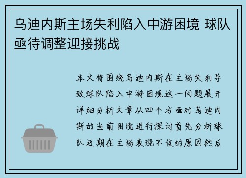 乌迪内斯主场失利陷入中游困境 球队亟待调整迎接挑战